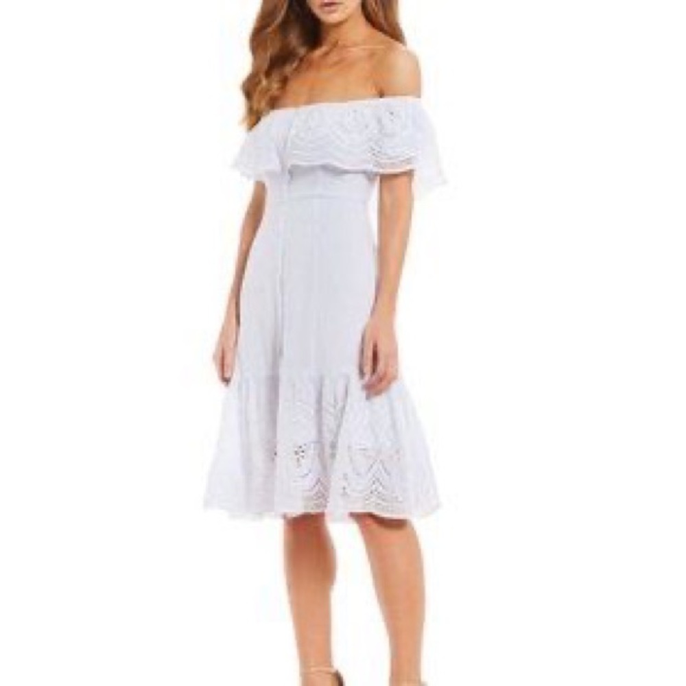 Astr Off the Shoulder Striped Lace Dress